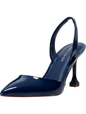 Women's Dark Blue Patent Pull On Pointy Toe Hadya Pumps High Tapered Heels Shoes